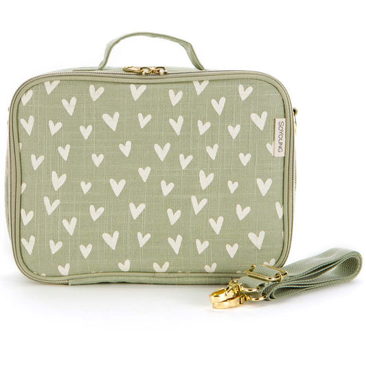 SoYoung Raw Linen Insulated Lunch Box - Little Hearts Sage